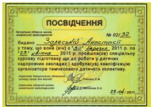 Свидетельство преподавателя детских оздоровительных учреждений Рудь