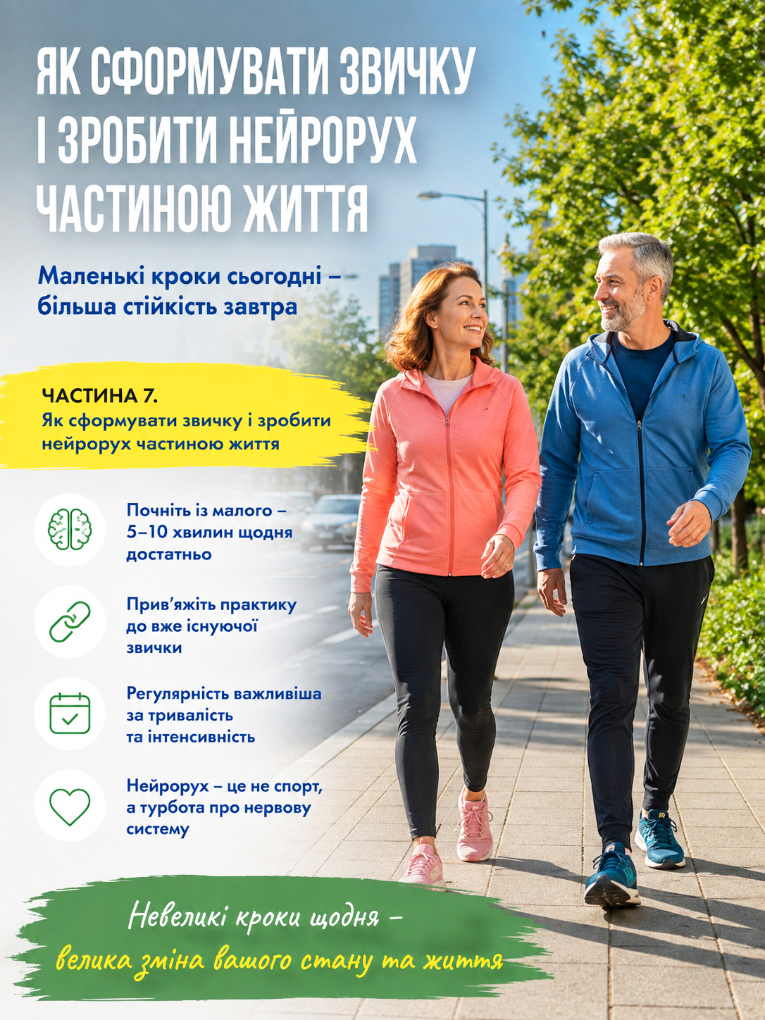 Як сформувати звичку і зробити нейрорух частиною життя. Ілюстрація до 7 частини статті про формування звички нейроруху для зниження стресу та підтримки нервової системи.