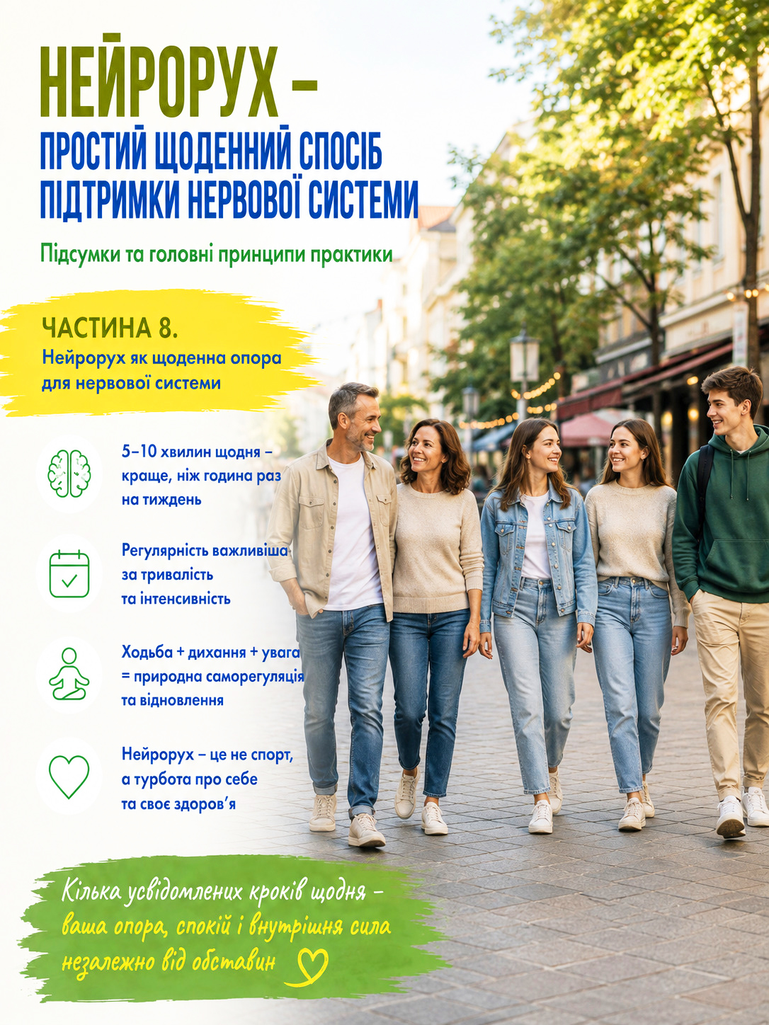 Нейрорух як щоденна опора для нервової системи: група практикує усвідомлену ходьбу просто на міській вулиці. Частина 8 статті про відновлення нервової системи за допомогою усвідомленої ходьби та дихання.